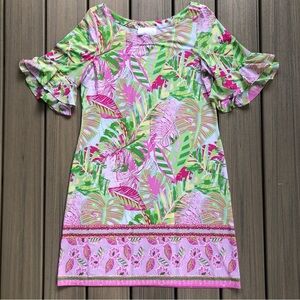 Pappagallo Vibrant Tropical Print Ruffle Sleeve Shift Dress